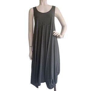 NYAH Midi Tank Dress Black Gray Striped Art to Wear Lagenlook Ruched Hem Size XS